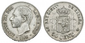 Alfonso XII (1874-1885). 50 céntimos. 1880*8-0. Madrid. MSM. (Cal-63). Ag. 2,54 g. Golpe de punzón en anverso. MBC. Est...18,00.
