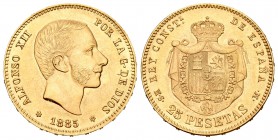 Alfonso XII (1874-1885). 25 pesetas. 1885*18-85. (Cal-20). 8,04 g. Bella. Brillo original. Rara. SC-. Est...2500,00.
