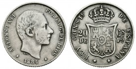 Alfonso XII (1886-1931). 20 centavos. 1884. Manila. (Cal-91). Ag. 5,12 g. Escasa. MBC-. Est...50,00.