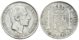 Alfonso XII (1874-1885). 50 centavos. 1884. Manila. (Cal-84). Ag. 12,83 g. Muy escasa. BC+. Est...180,00.