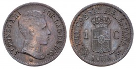 Alfonso XIII (1886-1931). 1 céntimo. 1906*6. Madrid. SMV. (Cal-76). Ae. 0,99 g. Escasa. EBC/EBC-. Est...420,00.