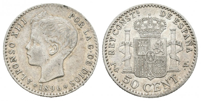 Alfonso XIII (1886-1931). 50 céntimos. 1896*9-6. Madrid. PGV. (Cal-59). Ag. 2,49...