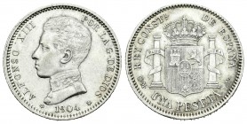 Alfonso XIII (1886-1931). 1 peseta. 1904*19-04. Madrid. SMV. (Cal-50). Ag. 5,05 g. Variante con el cero partido. EBC. Est...90,00.