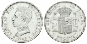 Alfonso XIII (1886-1931). 2 pesetas. 1905*19-05. Madrid. SMV. (Cal-34). Ag. 10,01 g. EBC+. Est...25,00.