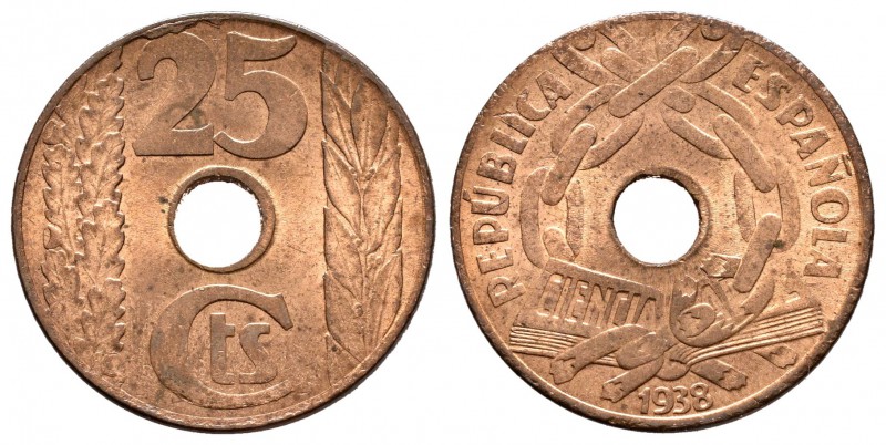 II República (1931-1939). 25 céntimos. 1938. Madrid. (Cal-7). Ae. 4,95 g. EBC+. ...