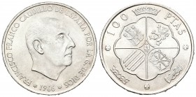 Estado español (1936-1975). 100 pesetas. 1966*19-69. Madrid. (Cal-14). Ag. 19,16 g. Palo curvo. Brillo original. Escasa. SC-. Est...150,00.