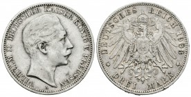 Alemania. Prussia. Wilhelm II. 3 marcos. 1908. Berlín. A. (Km-527). Ag. 16,60 g. Golpecitos en el canto. MBC/MBC+. Est...20,00.