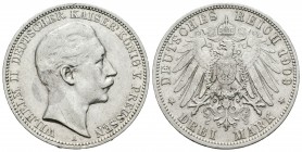 Alemania. Prussia. Wilhelm II. 3 marcos. 1909. Berlín. A. (Km-527). Ag. 16,62 g. MBC+. Est...20,00.