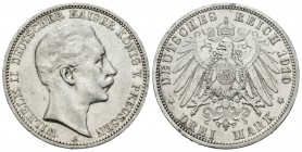 Alemania. Prussia. Wilhelm II. 3 marcos. 1910. Berlín. A. (Km-527). Ag. 16,61 g. MBC+. Est...20,00.