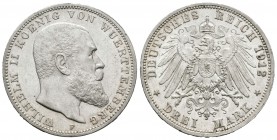 Alemania. Wurttemberg. Wilhelm II. 3 marcos. 1912. Freudenstadt. F. (Km-635). Ag. 16,64 g. EBC-/EBC. Est...50,00.