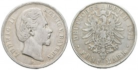 Alemania. Bavaria. Ludwig II. 5 marcos. 1874. Munich. D. (Km-896). Ag. 27,36 g. MBC. Est...45,00.