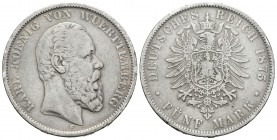 Alemania. Wurttemberg. Wilhelm II. 5 marcos. 1875. Freudenstadt. F. (Km-623). Ag. 27,40 g. MBC-. Est...35,00.