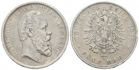 Alemania. Wurttemberg. Wilhelm II. 5 marcos. 1876. Freudenstadt. F. (Km-632). Ag. 27,41 g. MBC-/MBC. Est...45,00.