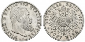 Alemania. Wurttemberg. Wilhelm II. 5 marcos. 1902. Freudenstadt. F. (Km-632). Ag. 27,63 g. MBC. Est...40,00.