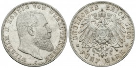 Alemania. Wurttemberg. Wilhelm II. 5 marcos. 1903. Freudenstadt. F. (Km-632). Ag. 27,80 g. Buen ejemplar. EBC. Est...90,00.