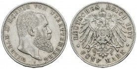 Alemania. Wurttemberg. Wilhelm II. 5 marcos. 1907. Freudenstadt. F. (Km-632). Ag. 27,67 g. MBC-/MBC. Est...40,00.