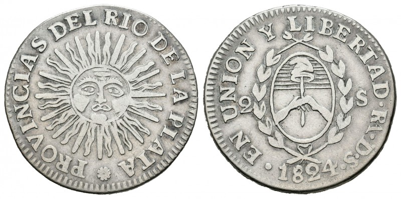 Argentina. 2 soles. 1824. Río de la Plata. RA-DS. (Km-18). Ag. 6,57 g. MBC. Est....