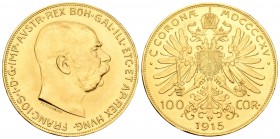 Austria. Franz Joseph I. 100 coronas. 1915. (Km-2819). Au. 33,86 g. Reacuñación oficial. Golpecito en el canto. SC. Est...1000,00.