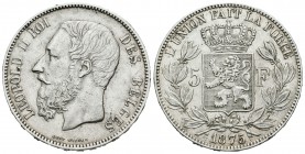 Bélgica. Leopold II. 5 francos. 1875. (Km-24). Ag. 24,93 g. Marcas. MBC+. Est...25,00.