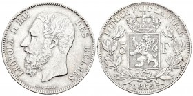 Bélgica. Leopold II. 5 francos. 1868. (Km-24). Ag. 24,80 g. MBC. Est...25,00.