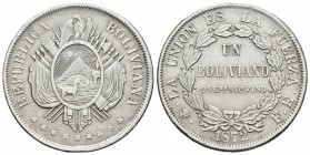 Bolivia. 1 boliviano. 1872. Potosí. FE. (Km-160.1). Ag. 25,04 g. EBC-. Est...40,00.
