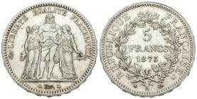 Francia. III República. 5 francos. 1873. París. A. (Km-820.1). (Gad-745). Ag. 24,89 g. EBC+/SC-. Est...35,00.