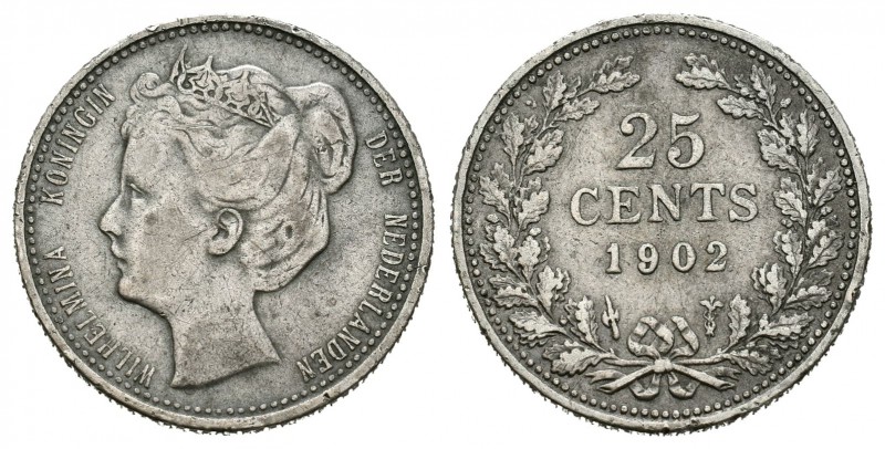 Países Bajos. Wilhelmina I. 25 centavos. 1902. (Km-120.2). Ag. 3,52 g. MBC-. Est...