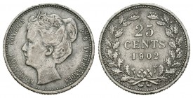 Países Bajos. Wilhelmina I. 25 centavos. 1902. (Km-120.2). Ag. 3,52 g. MBC-. Est...20,00.