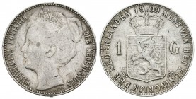 Países Bajos. Wilhelmina I. 1 gulden. 1909. (Km-122.2). Ag. 9,94 g. MBC-. Est...40,00.