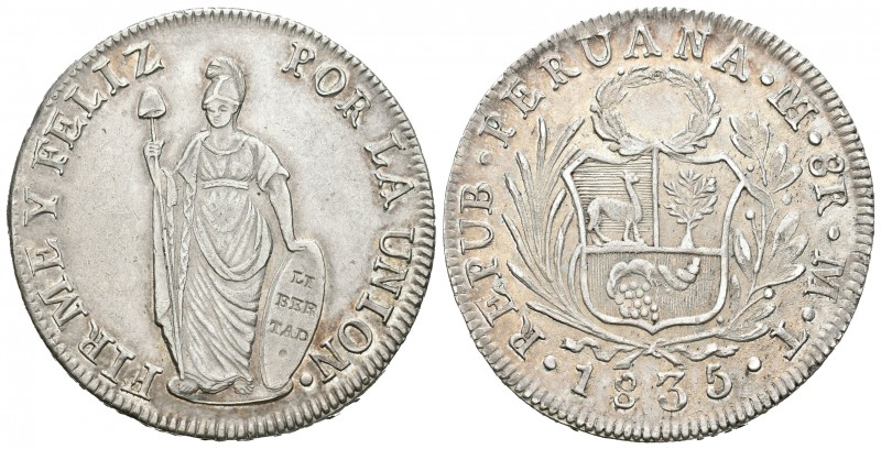 Perú. 8 reales. 1835. Lima. MT. (Km-142.3). Ag. 27,87 g. Restos brillo original....