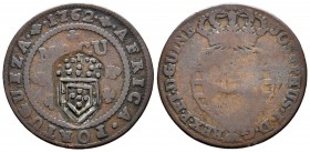 Angola Portuguesa. José I. 1 macuta. 1762. (Km-50,1). Ae. 8,71 g. Resello sobre 1/2 macuta. MBC. Est...40,00.
