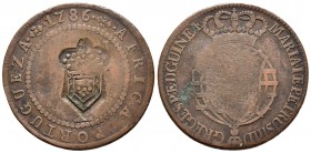 Angola Portuguesa. María I. 2 macuta. 1786. (Km-51.2). Ae. 18,16 g. Resello de acuerdo con el real decreto de 1837 sobre 1 macuta. MBC. Est...40,00.