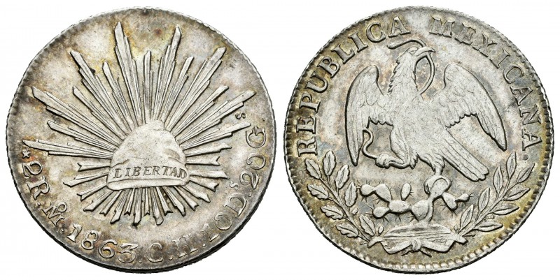 México. 2 reales. 1863. México. CH. (Km-374.10). Ag. 6,69 g. MBC+. Est...60,00....