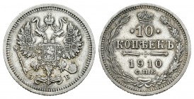 Rusia. Nicholas II. 10 kopeckes. 1910. San Petesburgo. (Km-Y20a2). (Bitkin-162). Ag. 1,85 g. EBC+. Est...25,00.