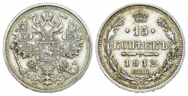 Rusia. Nicholas II. 15 kopecks. 1912. San Petesburgo. (Km-Y21a2). (Bitkin-137). Ag. 2,69 g. Restos de brillo original. SC. Est...30,00.