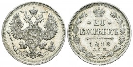 Rusia. Nicholas II. 20 kopecks. 1913. San Petesburgo. (Km-Y22a). (Bitkin-115). Ag. 3,35 g. SC-. Est...20,00.