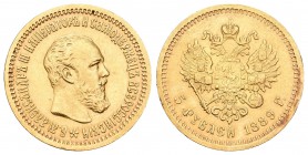 Rusia. Alexander III. 20 rublos. 1889. San Petesburgo. (Km-62). (Fr-169). Au. 6,45 g. Golpecito en canto. EBC-. Est...250,00.