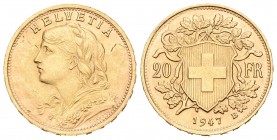 Suiza. 20 francos. 1947. Berna. B. (Km-35.2). Au. 6,45 g. SC. Est...180,00.