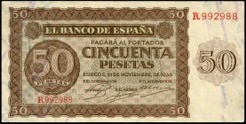 50 pesetas. 1936. Burgos. (Ed 2017-420a). 21 de noviembre por Giesecke y Devrient. Serie R. Doblez central. EBC+. Est...75,00.