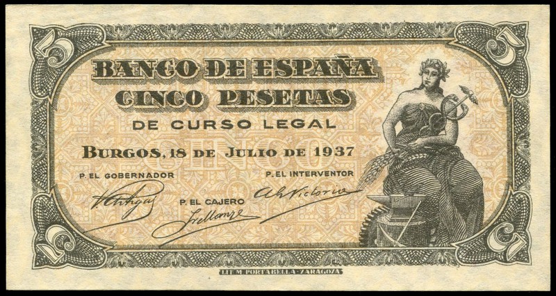 5 pesetas. 1937. Burgos. (Ed 2017-424a). 18 de julio, alegoría del Comercio, la ...