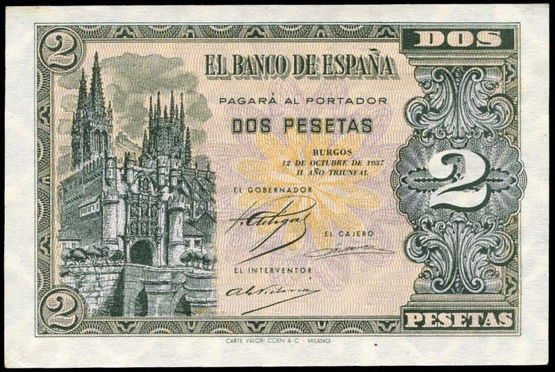 2 pesetas. 1937. Burgos. (Ed 2017-426). 12 de octubre, arco de Santa María y Cat...