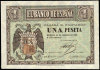 1 peseta. 1938. Burgos. (Ed 2017-427). 28 de febrero, escudo de España. Serie A. Mínimo doblez central. EBC+. Est...25,00.
