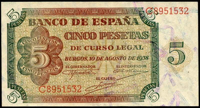 5 pesetas. 1938. Burgos. (Ed 2017-435a). 10 de agosto, por Giesecke y Devrient. ...