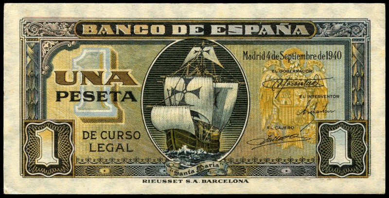 1 peseta. 1940. Madrid. (Ed 2017-442a). 4 de septiembre, nao Santa María. Serie ...