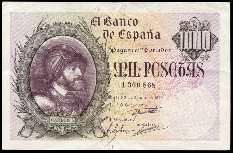 1000 pesetas. 1940. Madrid. (Ed 2017-445). 21 de octubre, Carlos I. Sin serie. D...