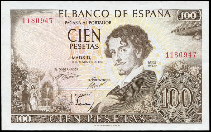 100 pesetas. 1965. Madrid. (Ed 2017-470).  19 de noviembre, Gustavo Adolfo Bécqu...