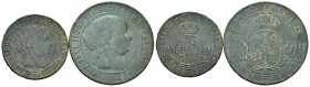 Isabel II (1833-1868). Lote de 2 monedas de Isabel II, 2 1/2 céntimos de escudo de Segovia y 5 céntimos de escudo de Jubia, 1868. A EXAMINAR. MBC-/MBC...