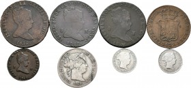 España. Lote de 8 monedas diferentes de Isabel II, 3 de plata y 5 de cobre. A EXAMINAR. BC+/MBC. Est...60,00.