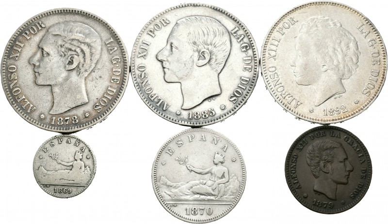 España. Lote de 6 piezas del centenario de la peseta, 3 de 5 pesetas (1878, 1885...