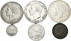 España. Lote de 6 piezas del centenario de la peseta, 3 de 5 pesetas (1878, 1885, 1892), 1 de 2 pesetas (1790), 1 de 50 céntimos (1869), 1 de 5 céntim...